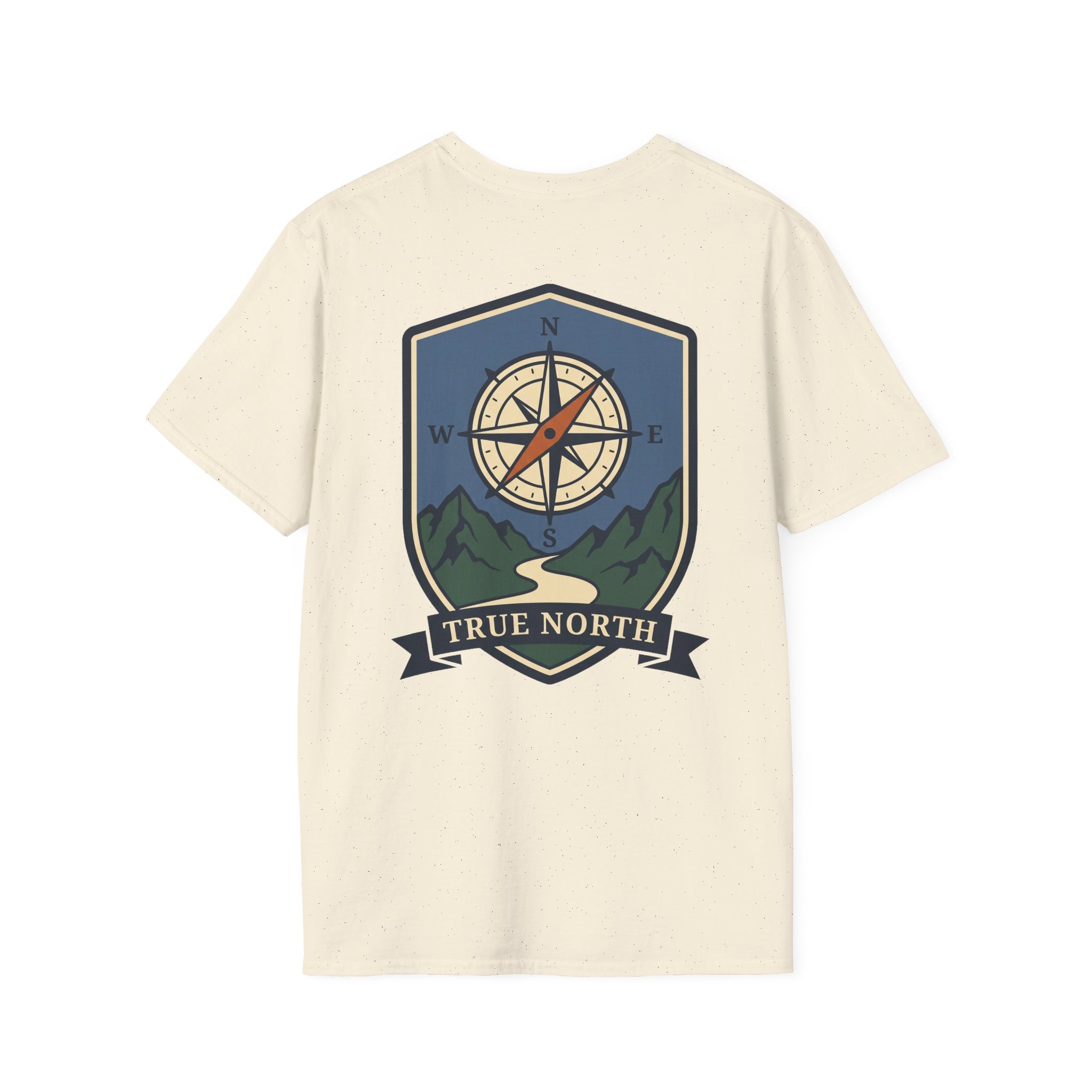 Natural compass shield T-shirt with illustrated compass rose, mountains, and banner text
