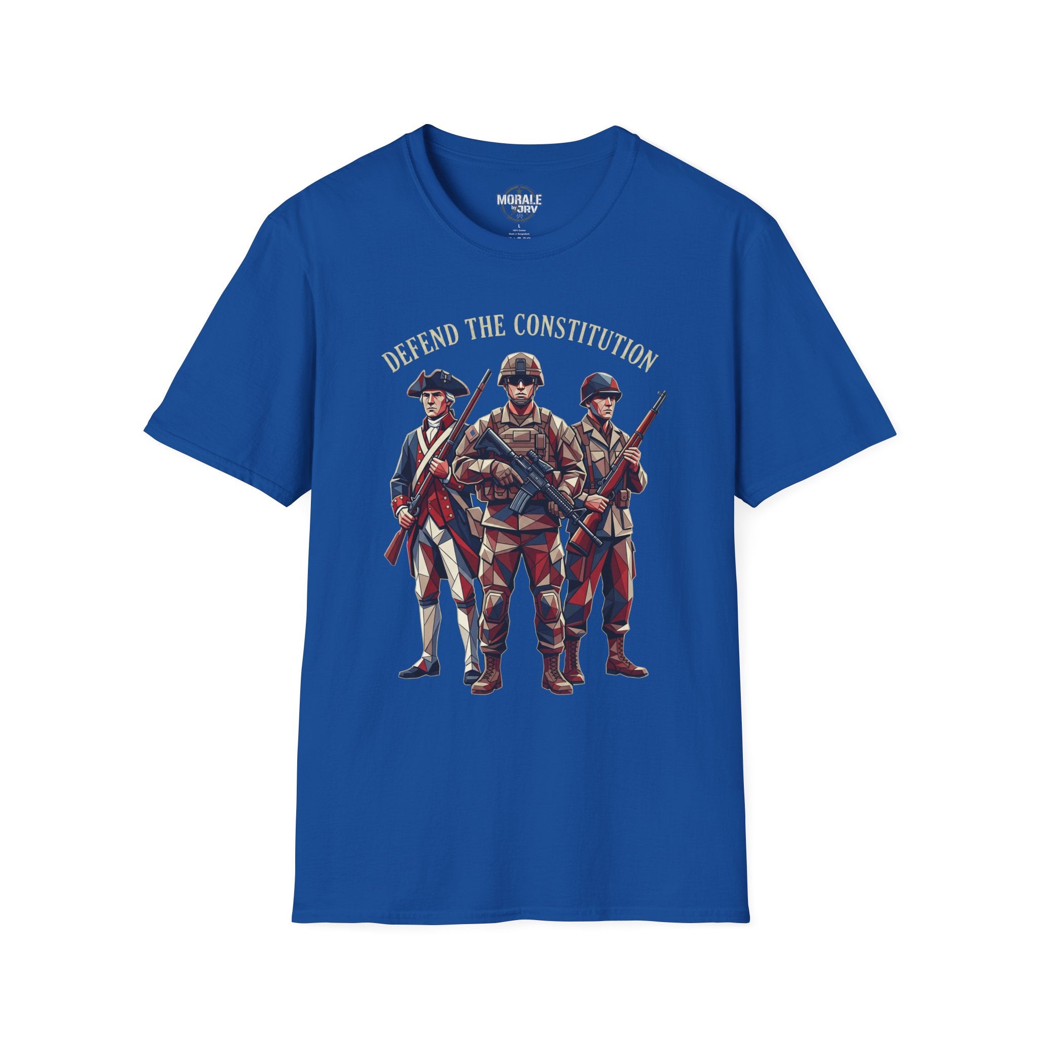 Defend the Constitution T-shirt, royal blue with patriotic soldiers graphic and slogan