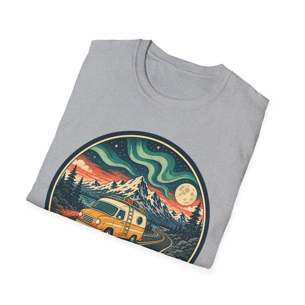 Light gray unisex T-shirt with circular camper, mountains, moon and aurora graphic