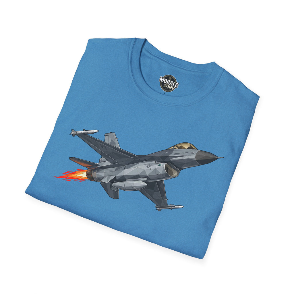 Light blue T-shirt with fighter jet graphic across the chest