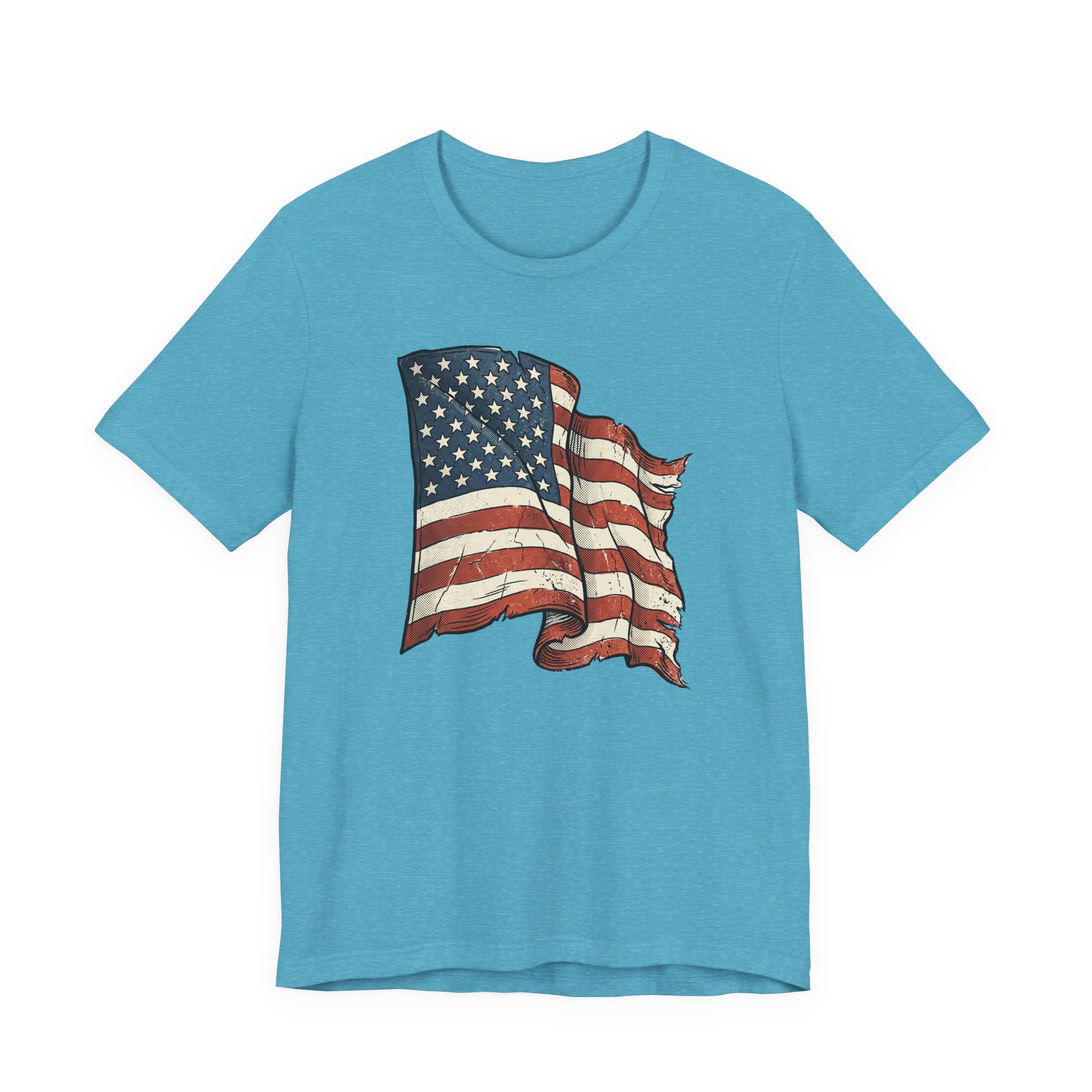 Light blue crew-neck T-shirt with distressed waving American flag graphic