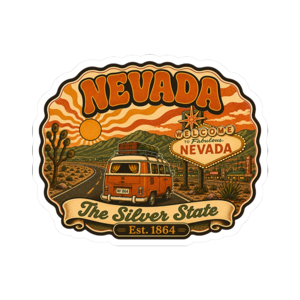 Nevada retro van decal sticker with orange "NEVADA" lettering and golden desert details