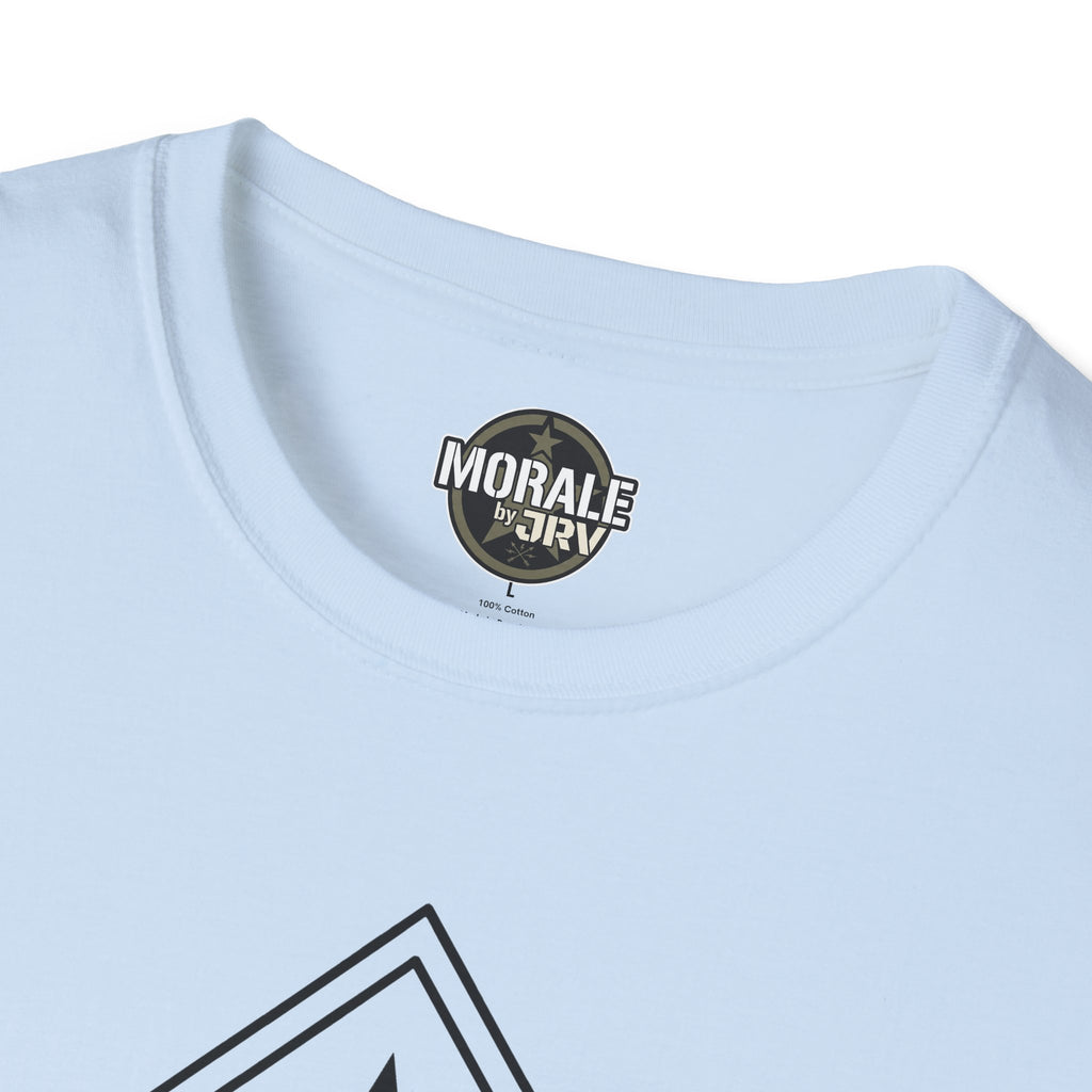 Light blue t-shirt neckline with “MORAL” by “TRI” brand label