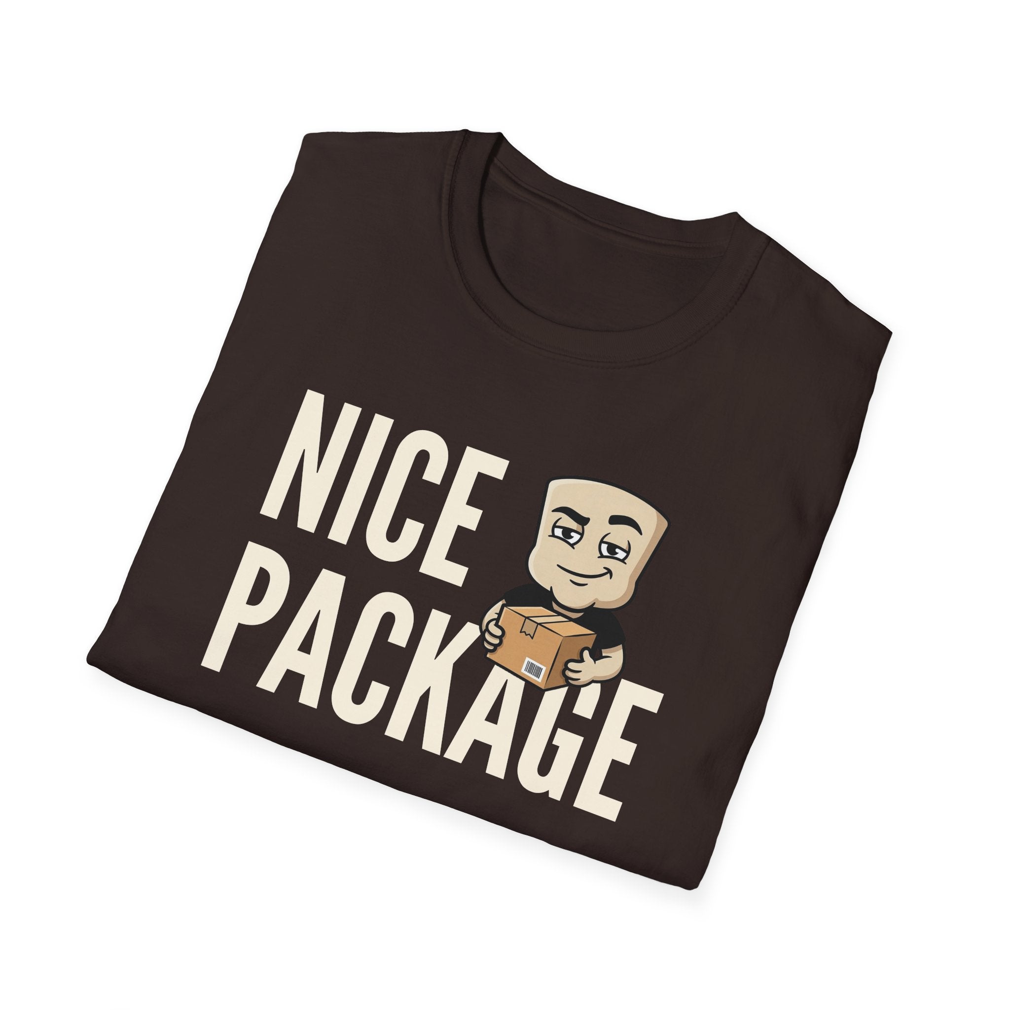 Dark brown T-shirt with 'NICE PACKAGE' text and cartoon delivery worker holding a box.