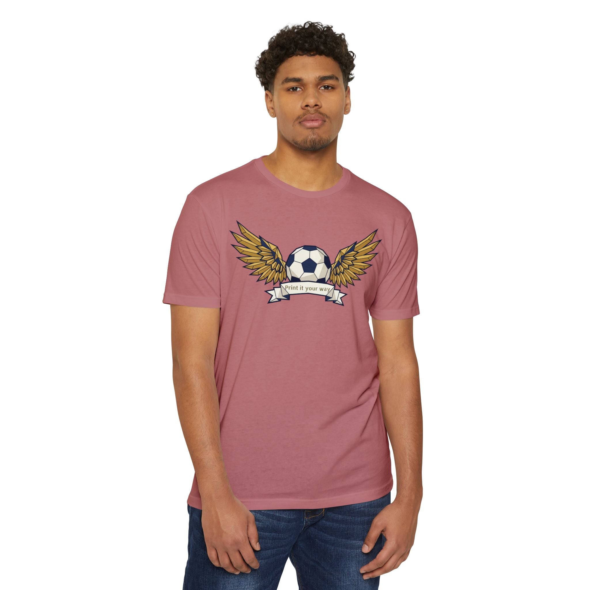Unisex soccer T-shirt, mauve with winged soccer ball graphic on front