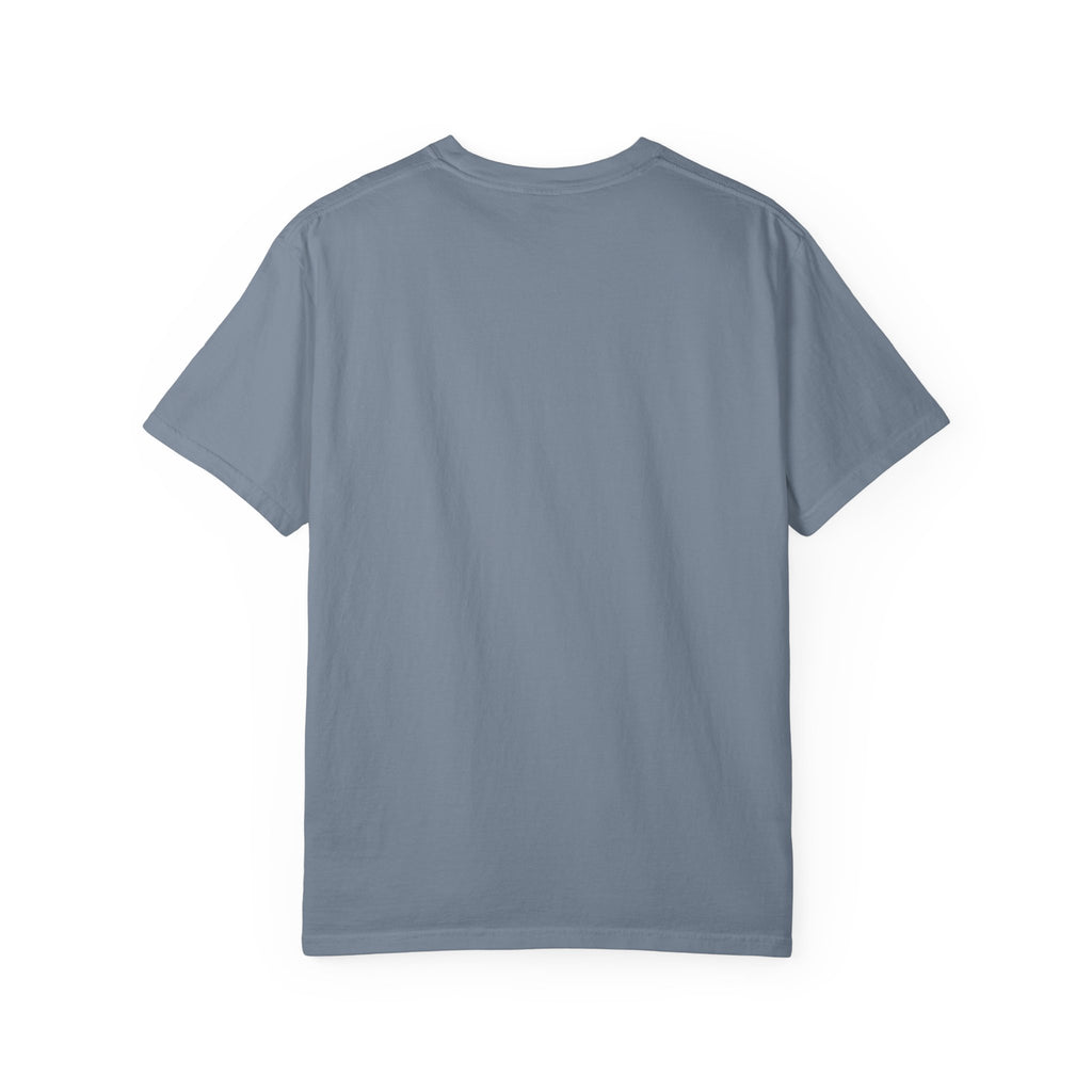 Blue-gray crewneck T-shirt, plain front with short sleeves