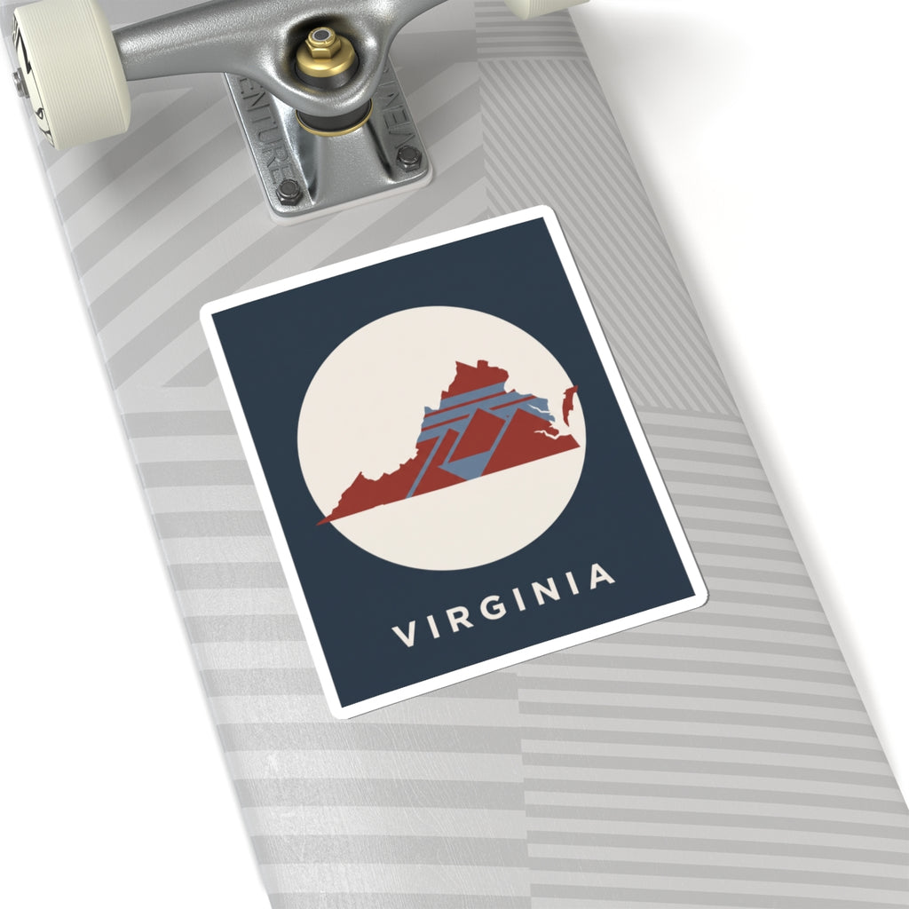 Virginia decal on striped background: dark blue square with cream circle and red Virginia map