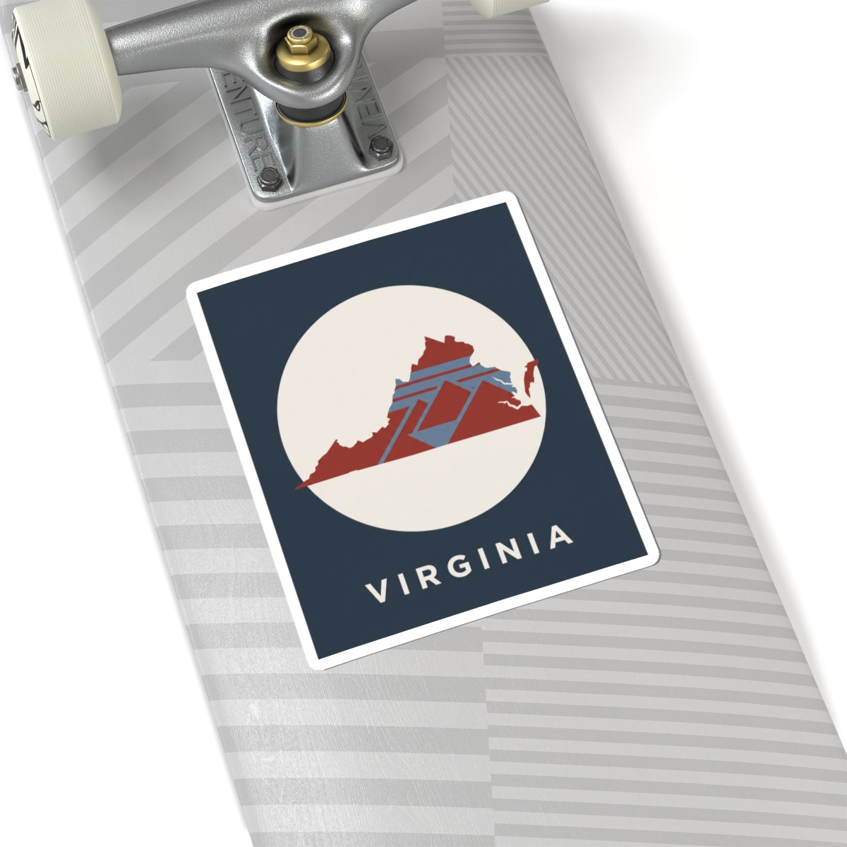 Virginia decal on striped background: dark blue square with cream circle and red Virginia map