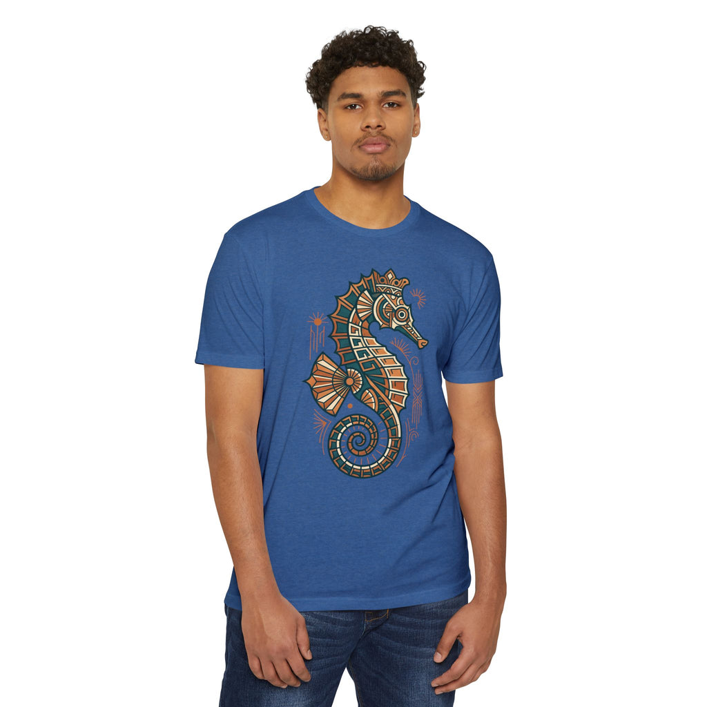Blue crew-neck T-shirt with colorful seahorse mosaic graphic on the front