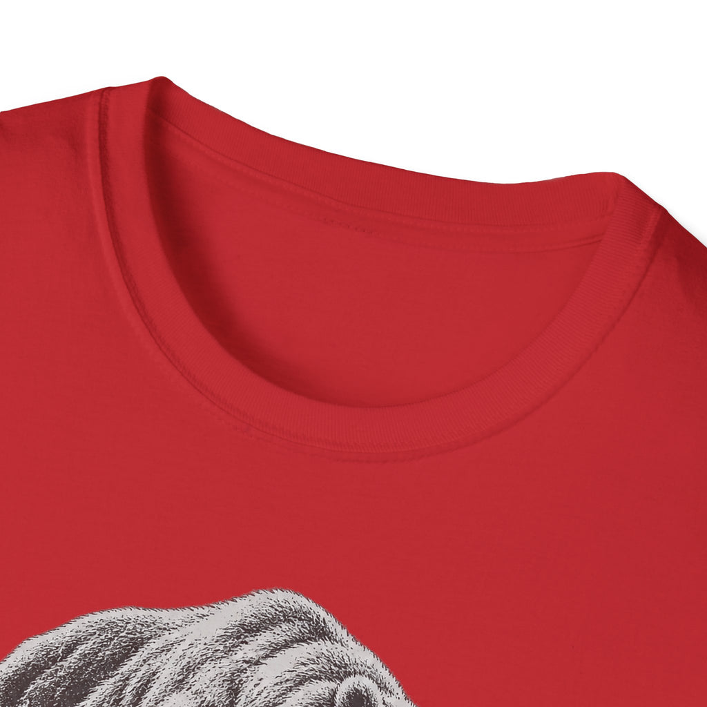 Red crewneck T-shirt neckline with partial grayscale bear graphic