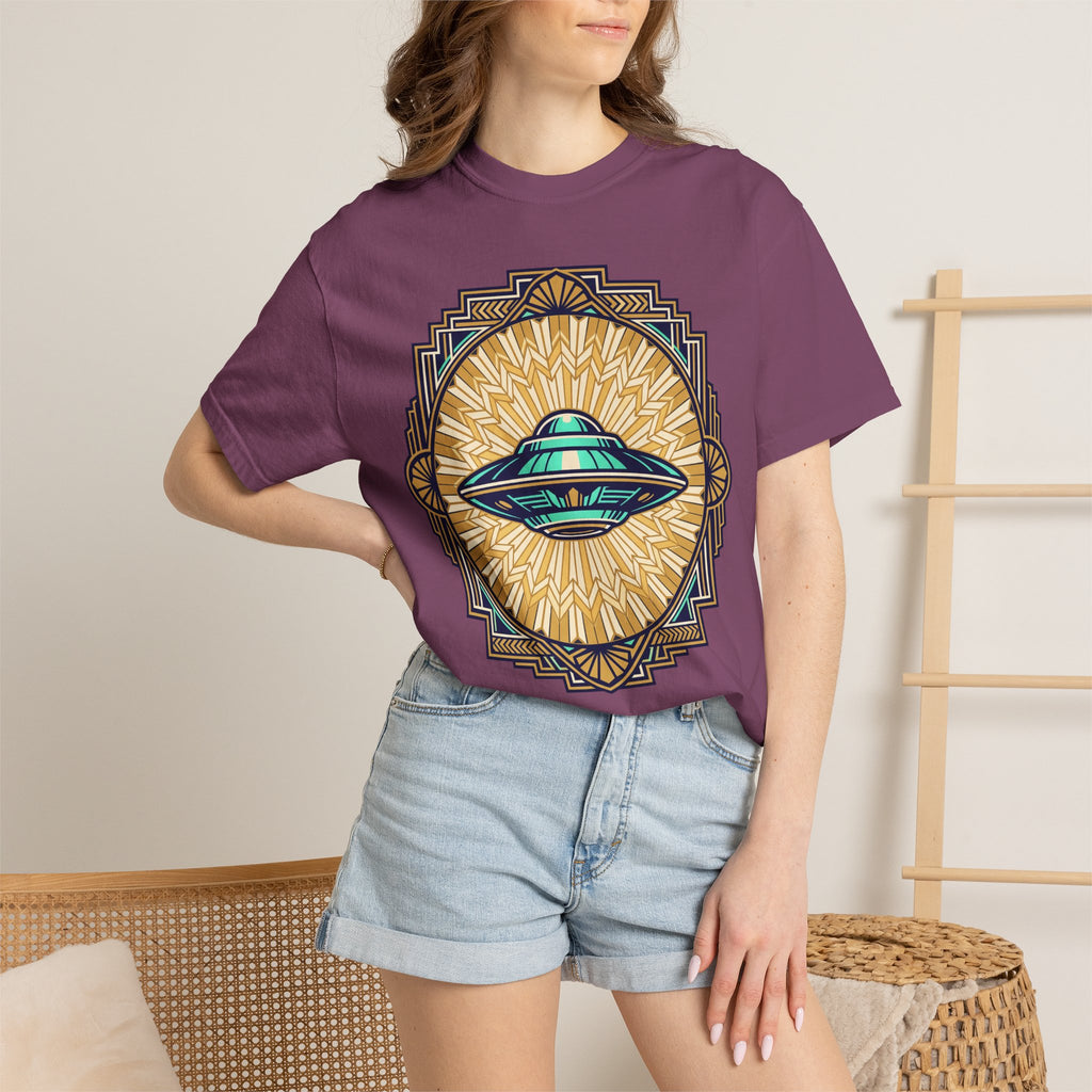 Plum UFO graphic T-shirt with teal flying saucer emblem at chest