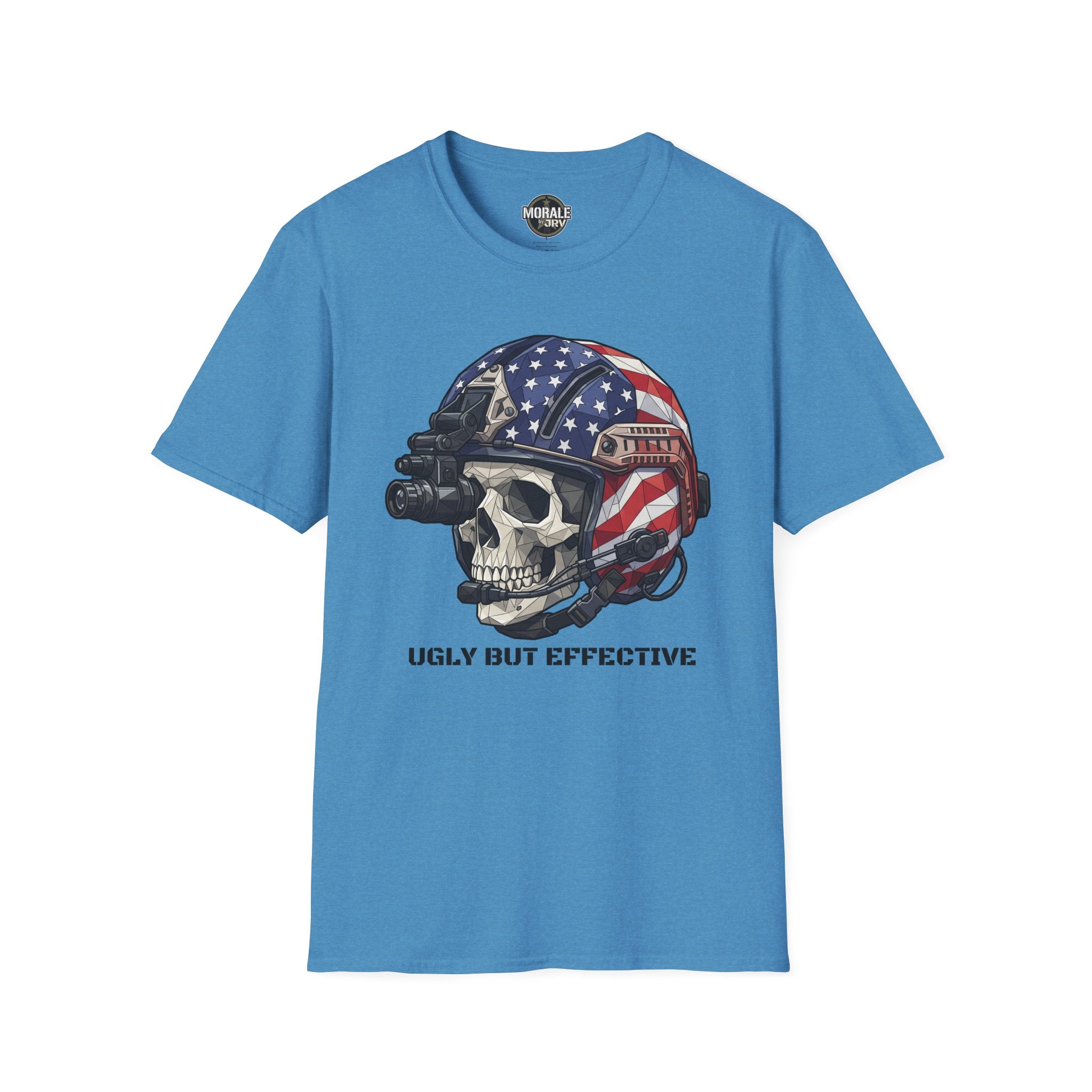 American Flag skull tactical helmet graphic T-shirt, blue crew neck