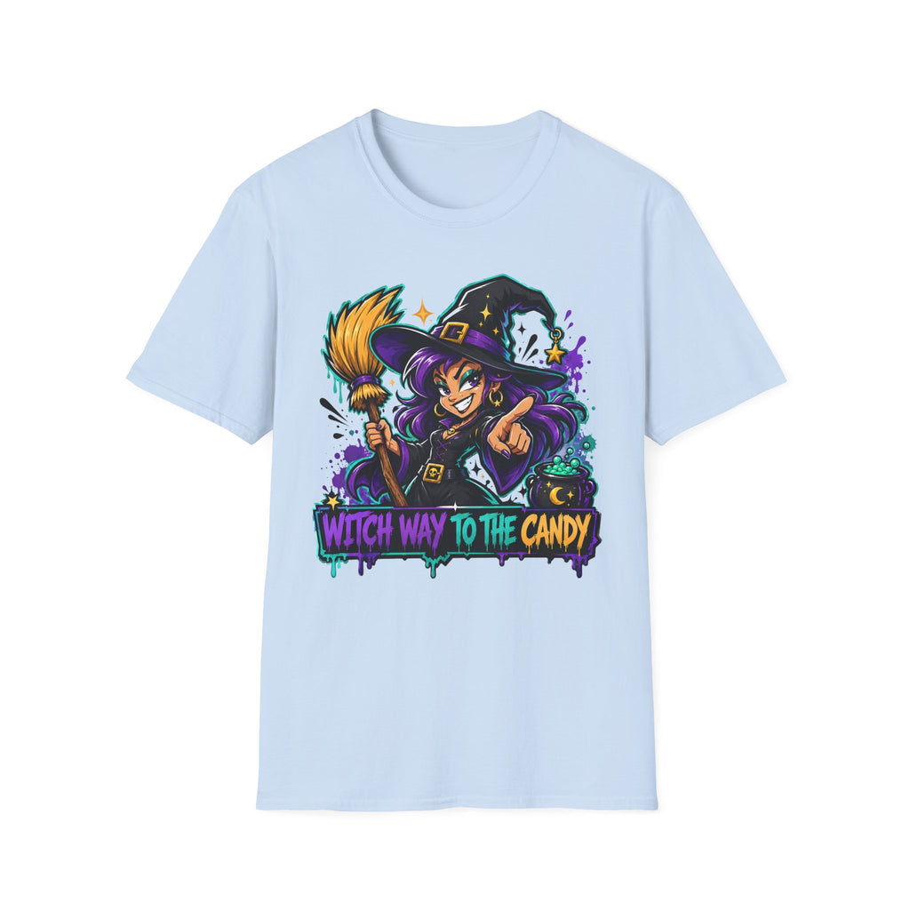 Light blue crewneck T-shirt with witch holding candy front graphic.