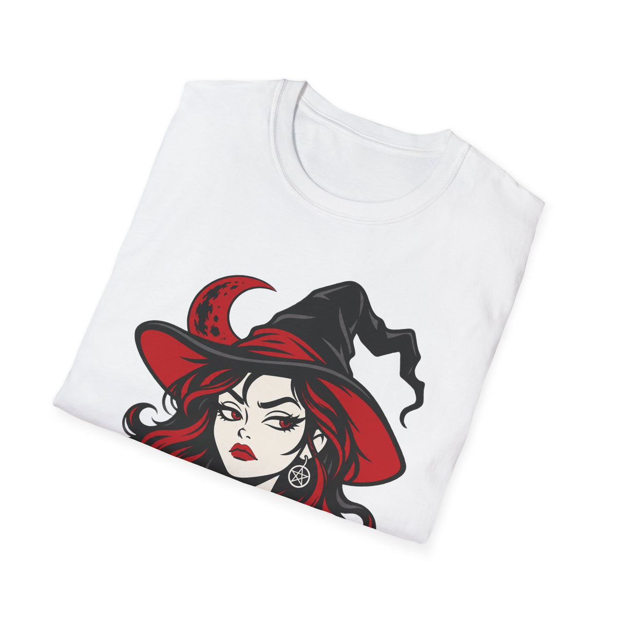 White Halloween witch face graphic T-shirt, folded flat