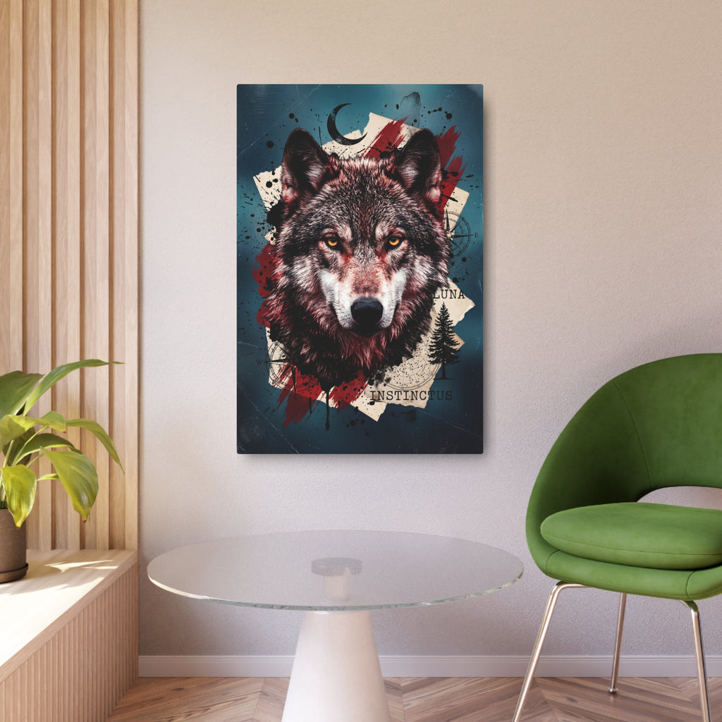 Wolf wall art print in living room, dark wolf face with red splatter and crescent.