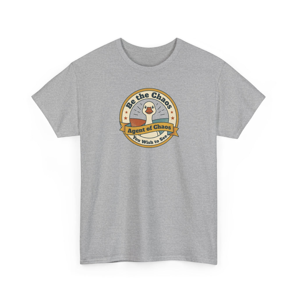Gray T-shirt with circular duck emblem graphic on the chest