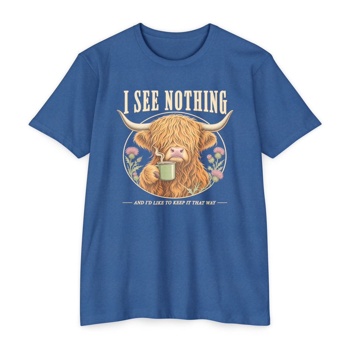 Blue short-sleeve graphic T-shirt with Highland cow holding a coffee mug