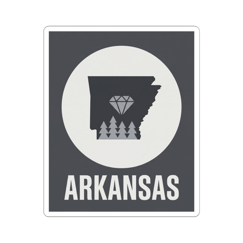 Arkansas vinyl decal featuring dark state map, diamond and pine trees, with ARKANSAS text