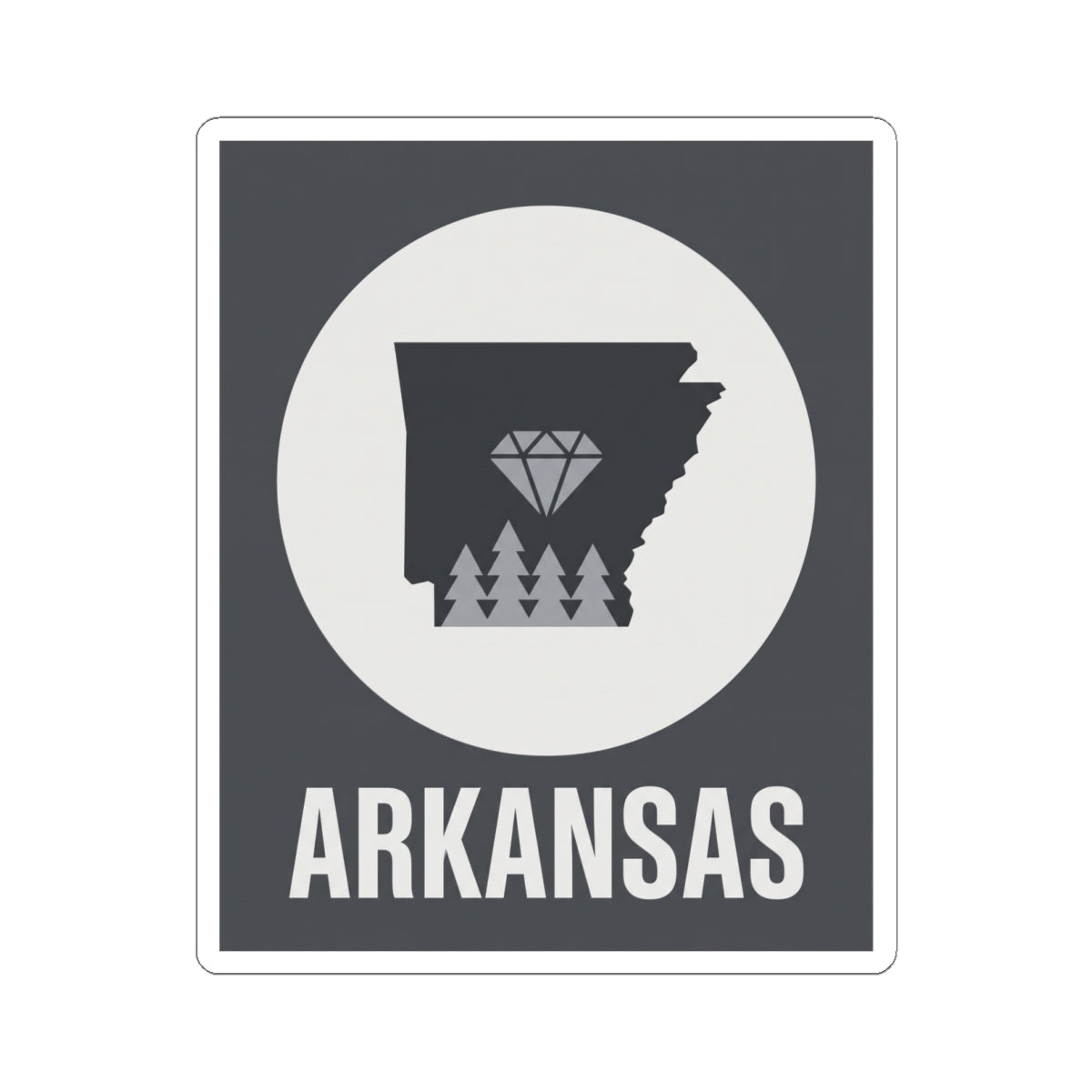 Arkansas vinyl decal featuring dark state map, diamond and pine trees, with ARKANSAS text