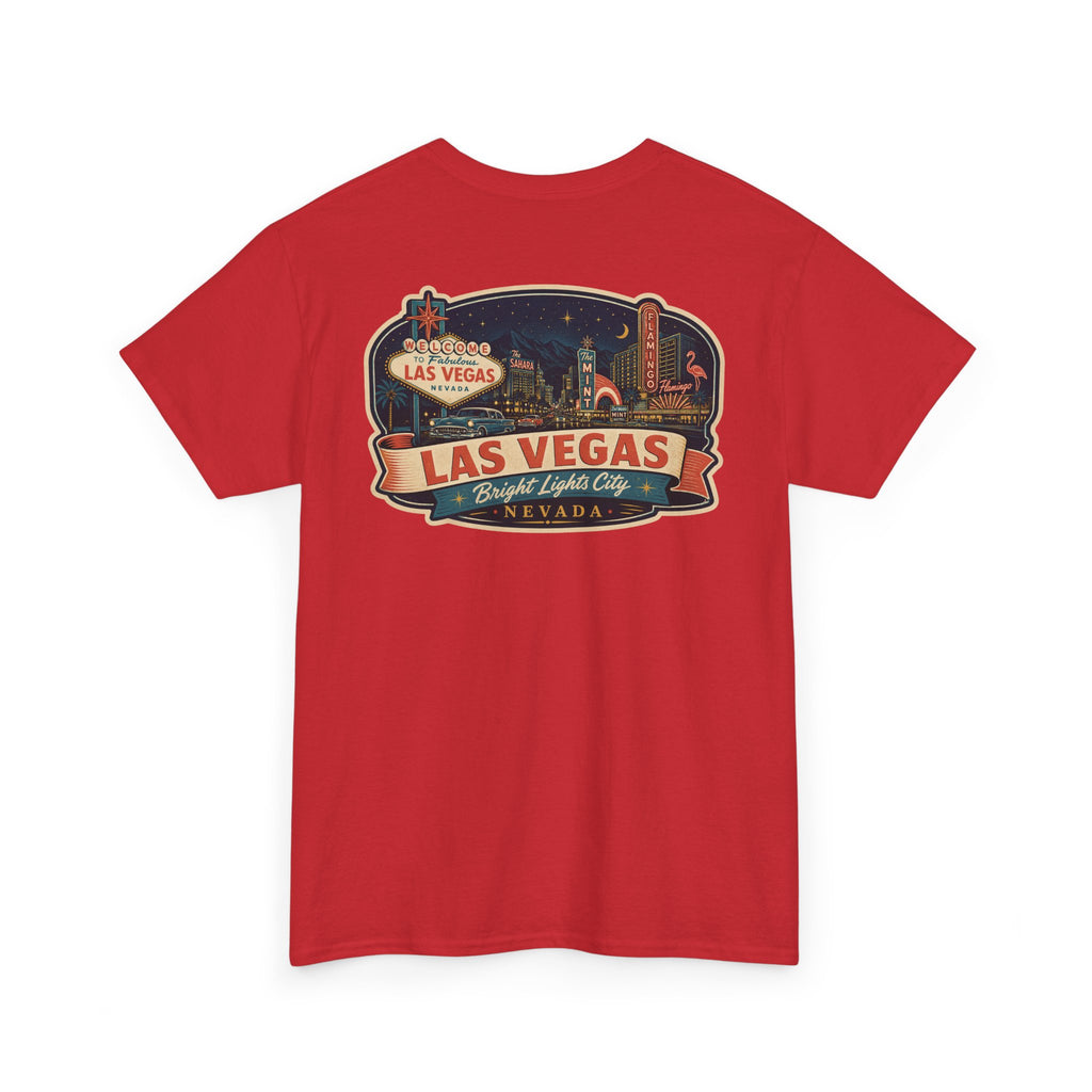 Red T-shirt with Las Vegas luggage tag graphic on chest