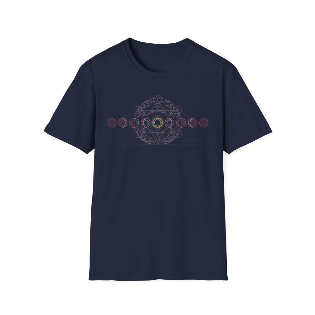 Navy short-sleeve T-shirt with pink moon-phase circular geometric graphic on chest