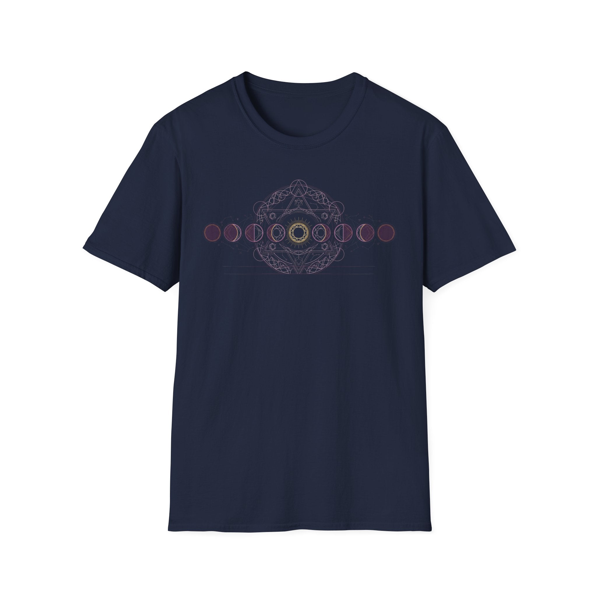 Navy short-sleeve T-shirt with pink moon-phase circular geometric graphic on chest