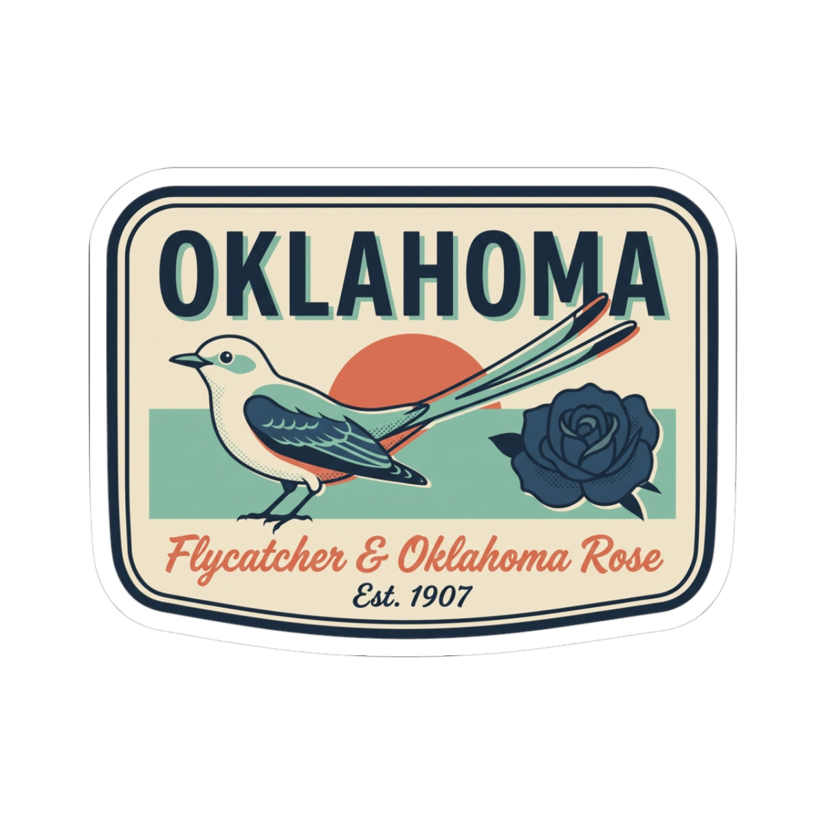 Oklahoma vintage badge sticker with bird and rose artwork, white border