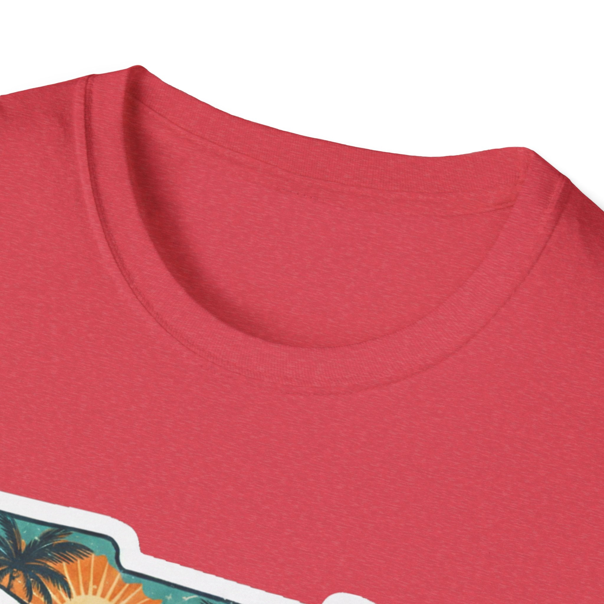 Red crew neck close-up with partial tropical Florida graphic at bottom