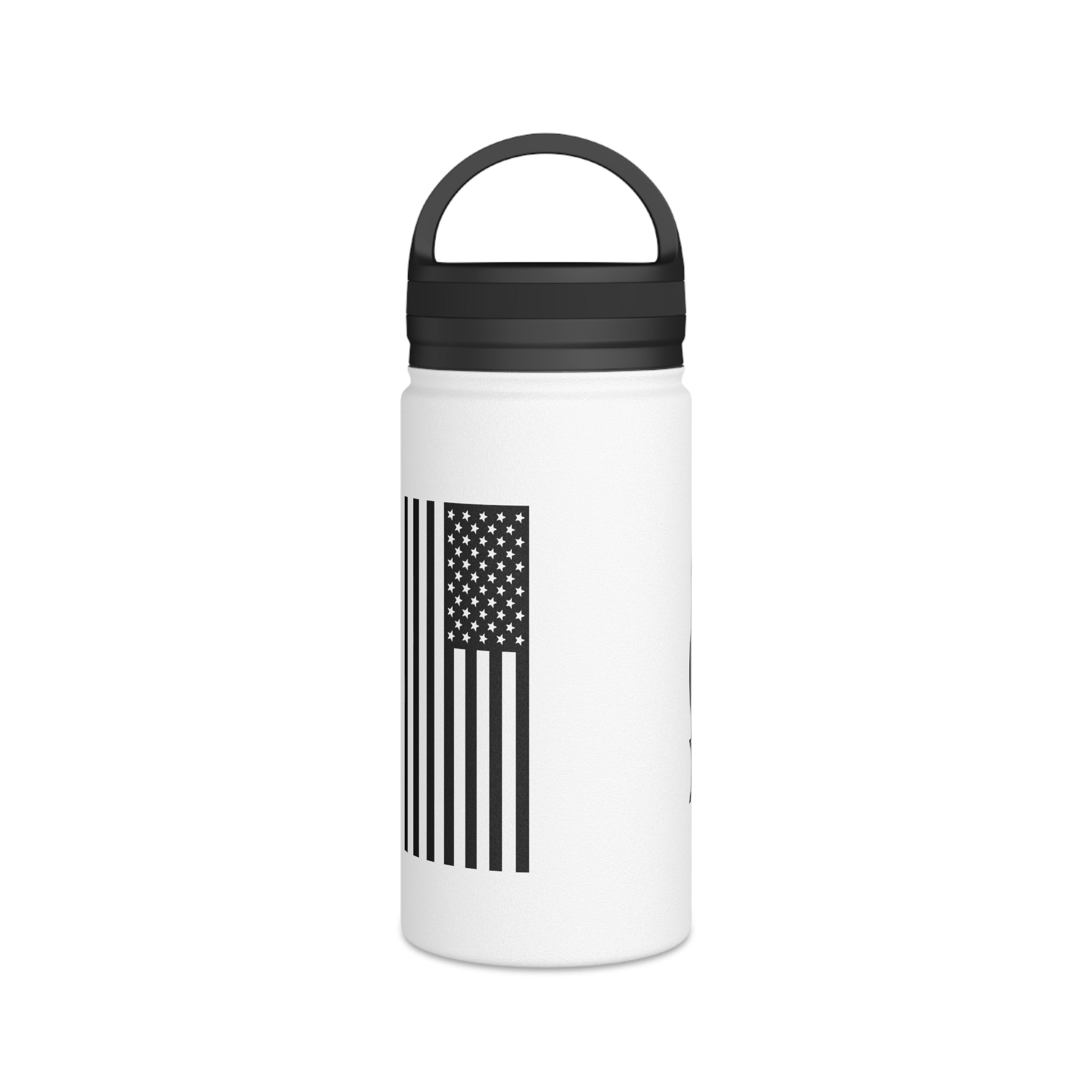 White stainless steel water bottle with black lid and American flag stripe decal