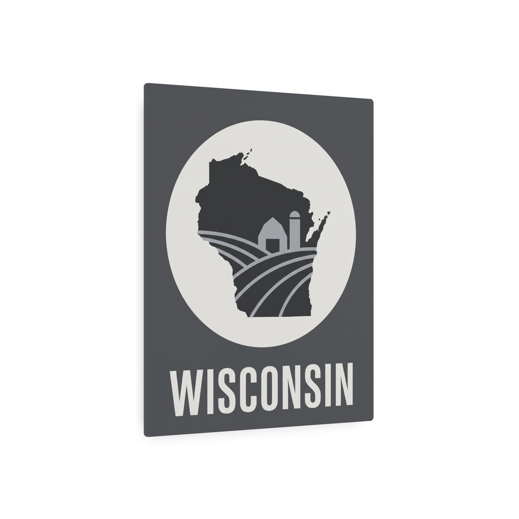 Wisconsin metal wall plaque, dark gray with white circle, farm silhouette, and WISCONSIN