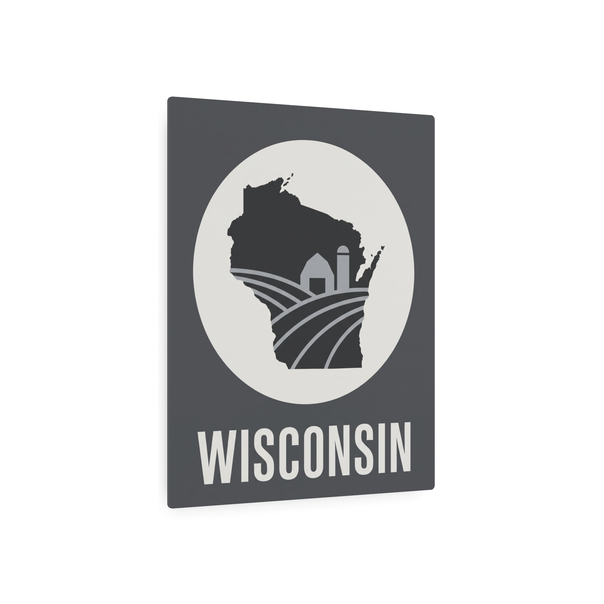Wisconsin metal wall plaque, dark gray with white circle, farm silhouette, and WISCONSIN
