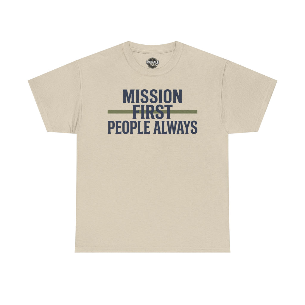 Beige T-shirt with “Mission First People Always” slogan graphic at chest