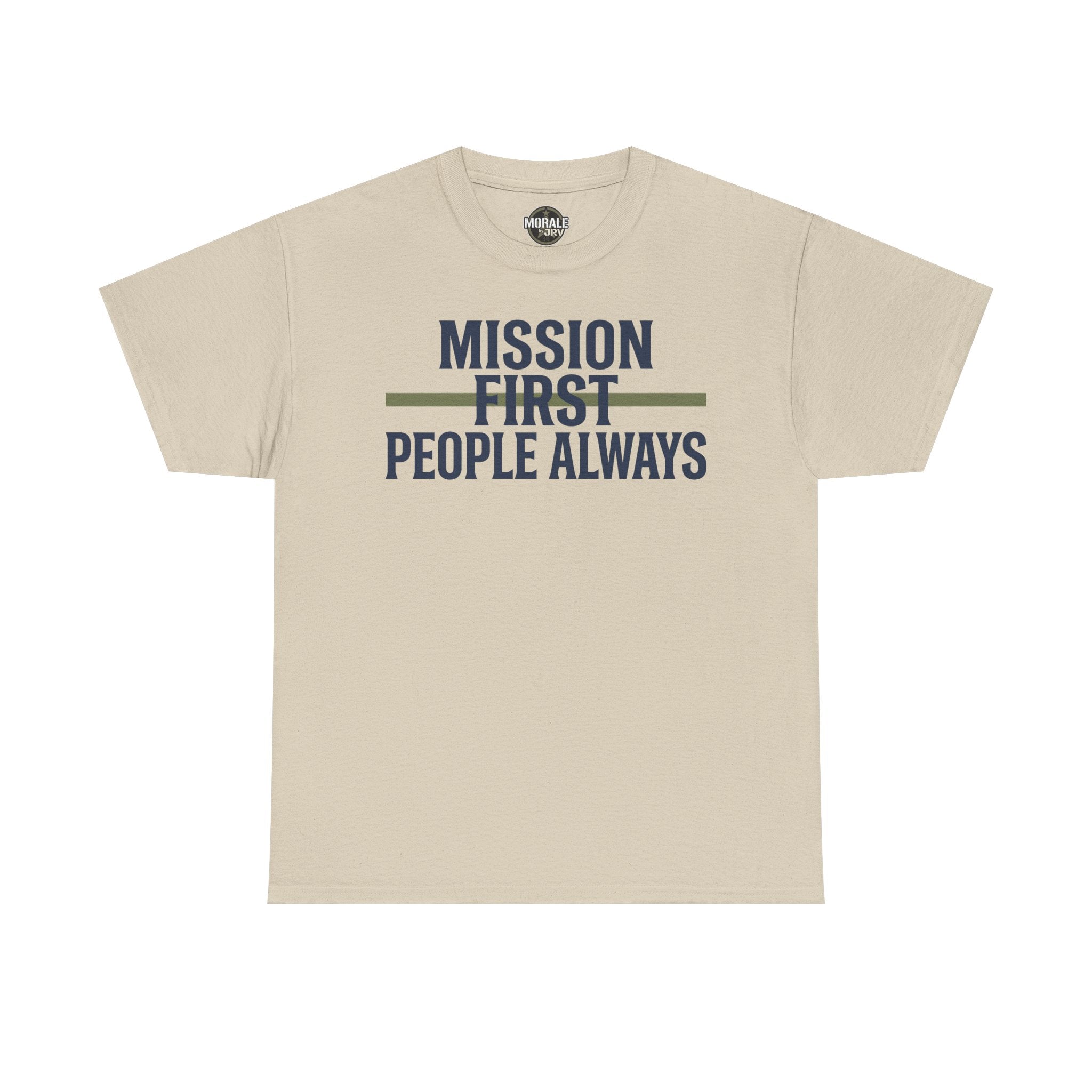 Beige T-shirt with “Mission First People Always” slogan graphic at chest