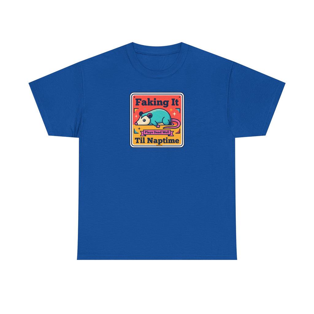 Blue T-shirt with framed “Faking It Til Naptime” sleepy panda graphic