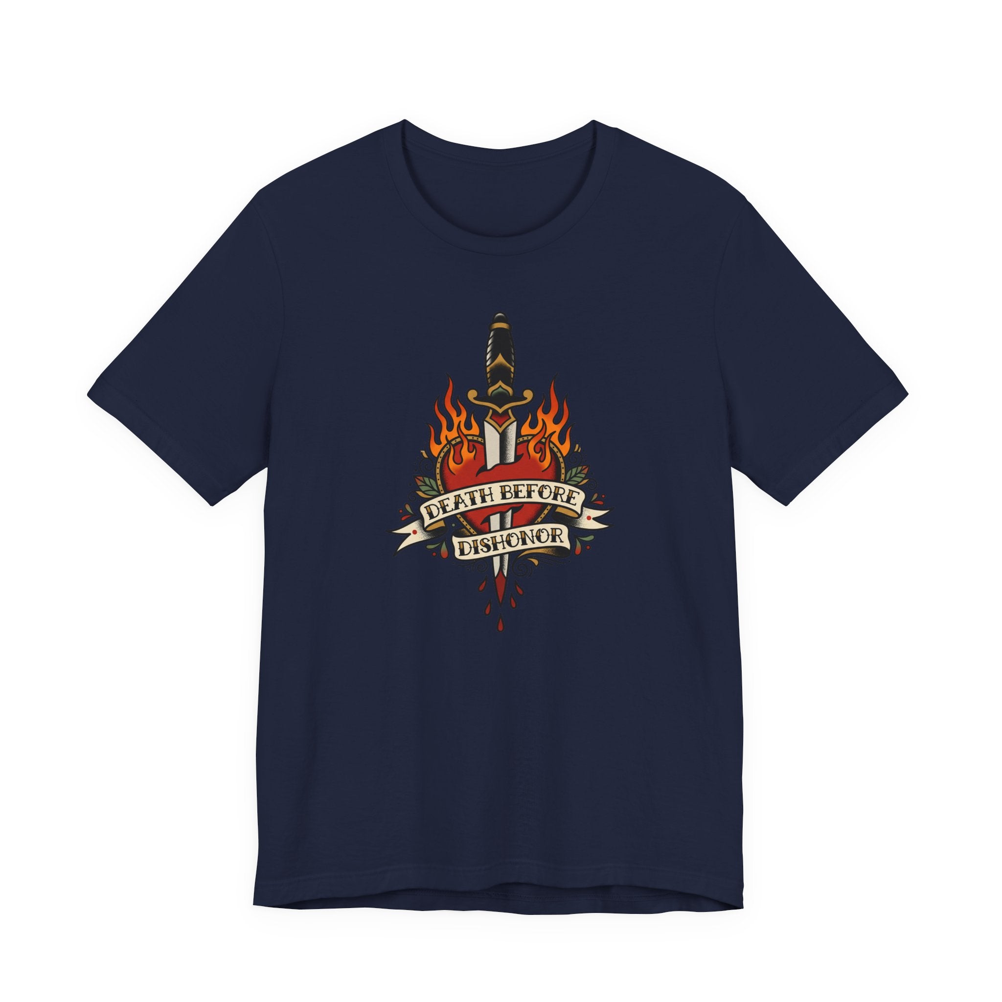 Navy T-shirt with flaming dagger and banner graphic at center front