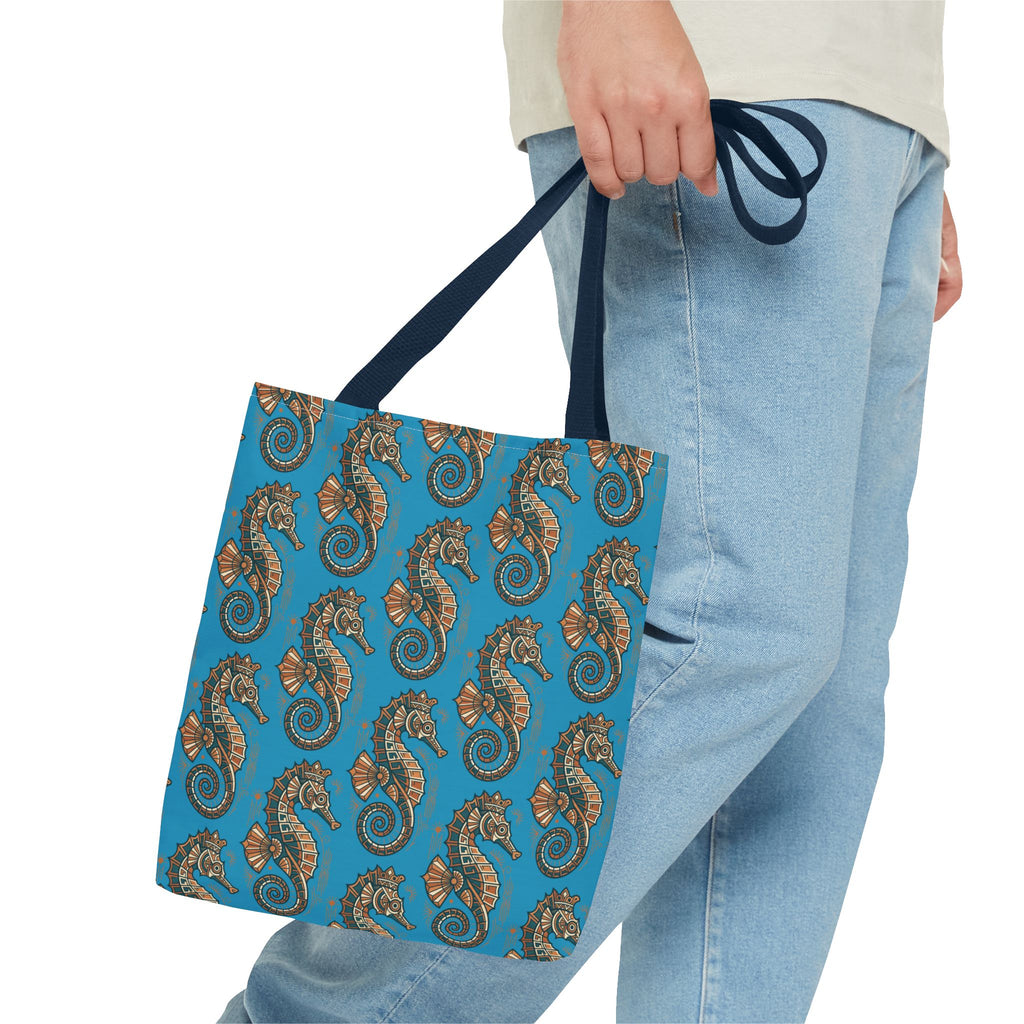 Ocean-blue tote bag with steampunk seahorse pattern and navy carry handles