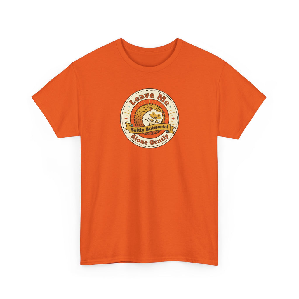 Orange graphic t-shirt with circular hedgehog logo on chest