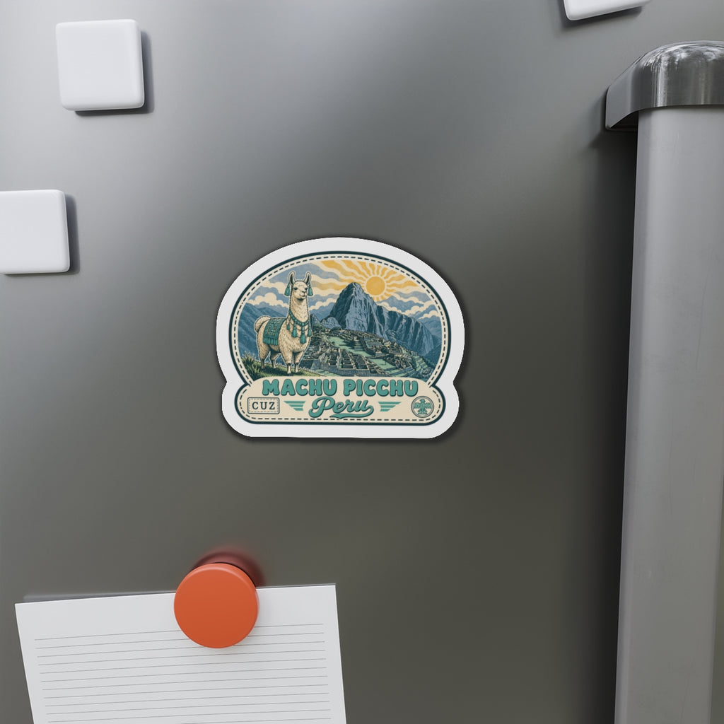 Die-cut travel magnet on a refrigerator, showing llama, Machu Picchu landscape, and Peru