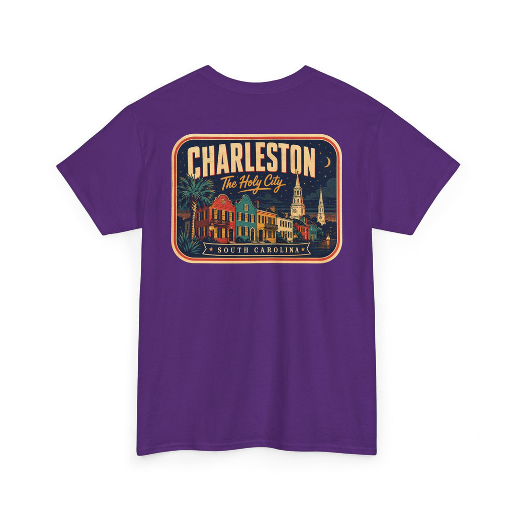 Purple T-shirt with round Charleston city badge graphic on chest