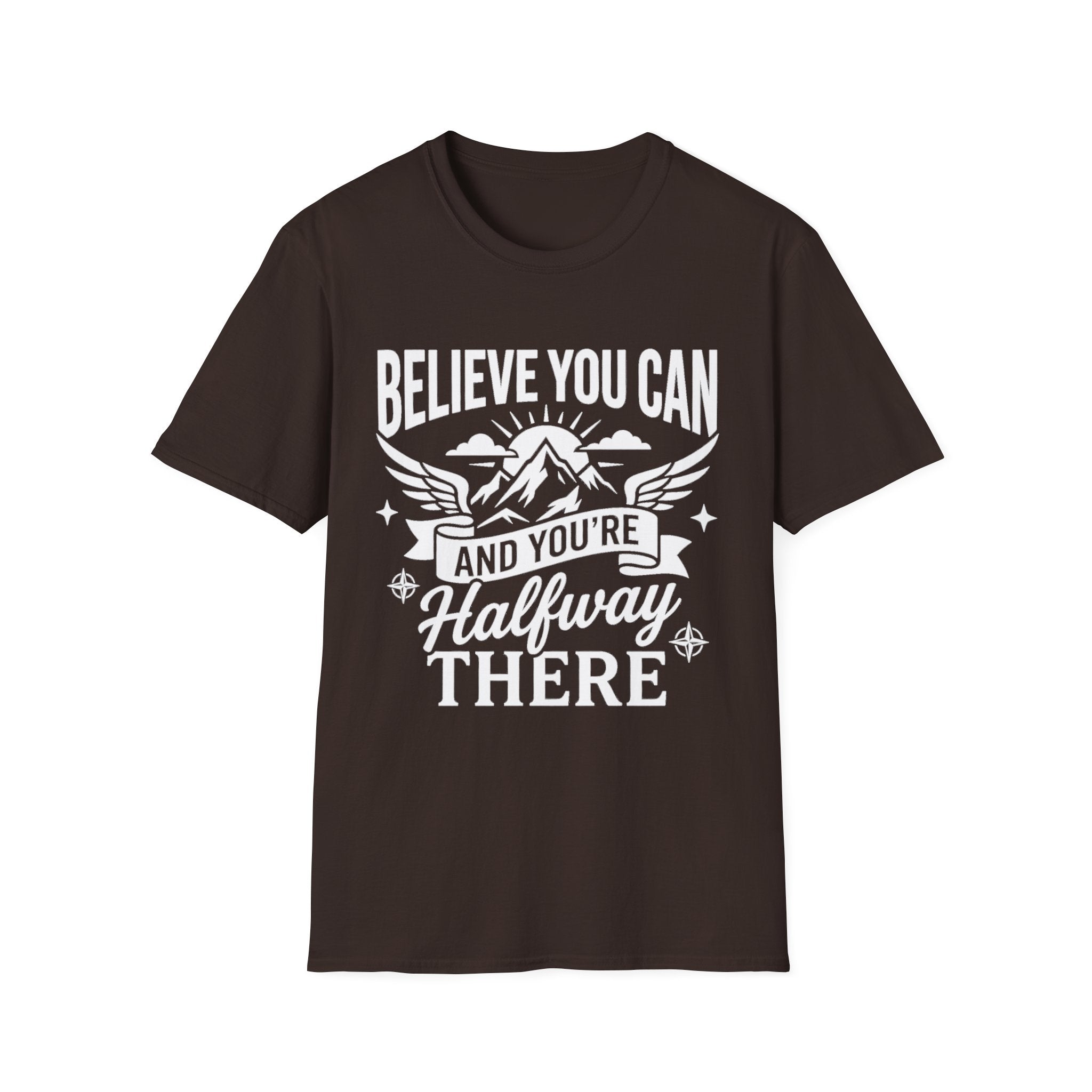 Dark Chocolate t-shirt with “Believe You Can” mountain hiking quote graphic on front