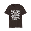Dark chocolate T-shirt with “Believe You Can” mountain-and-wings typography print