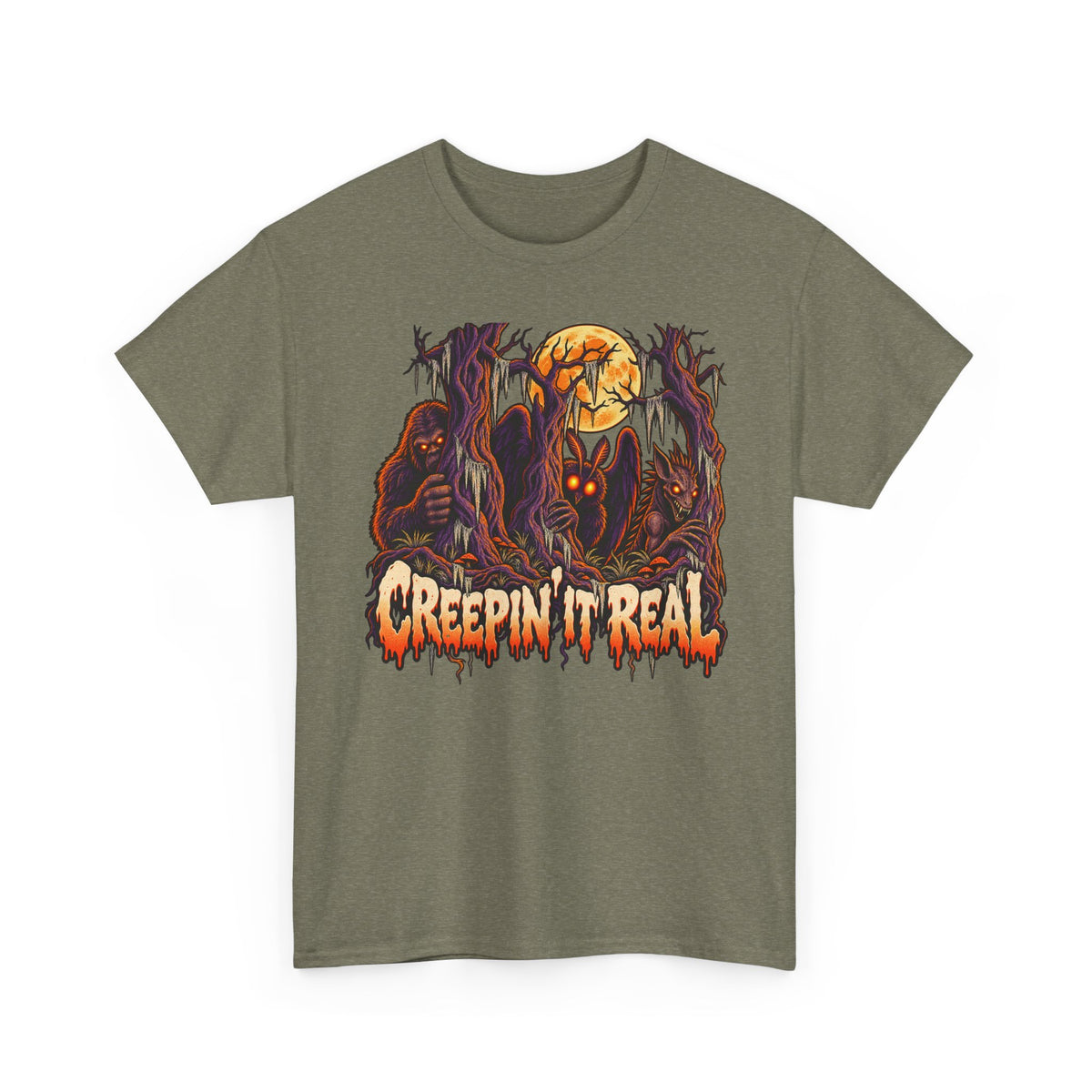 Halloween monster graphic T-shirt in olive green with orange skull and claw print