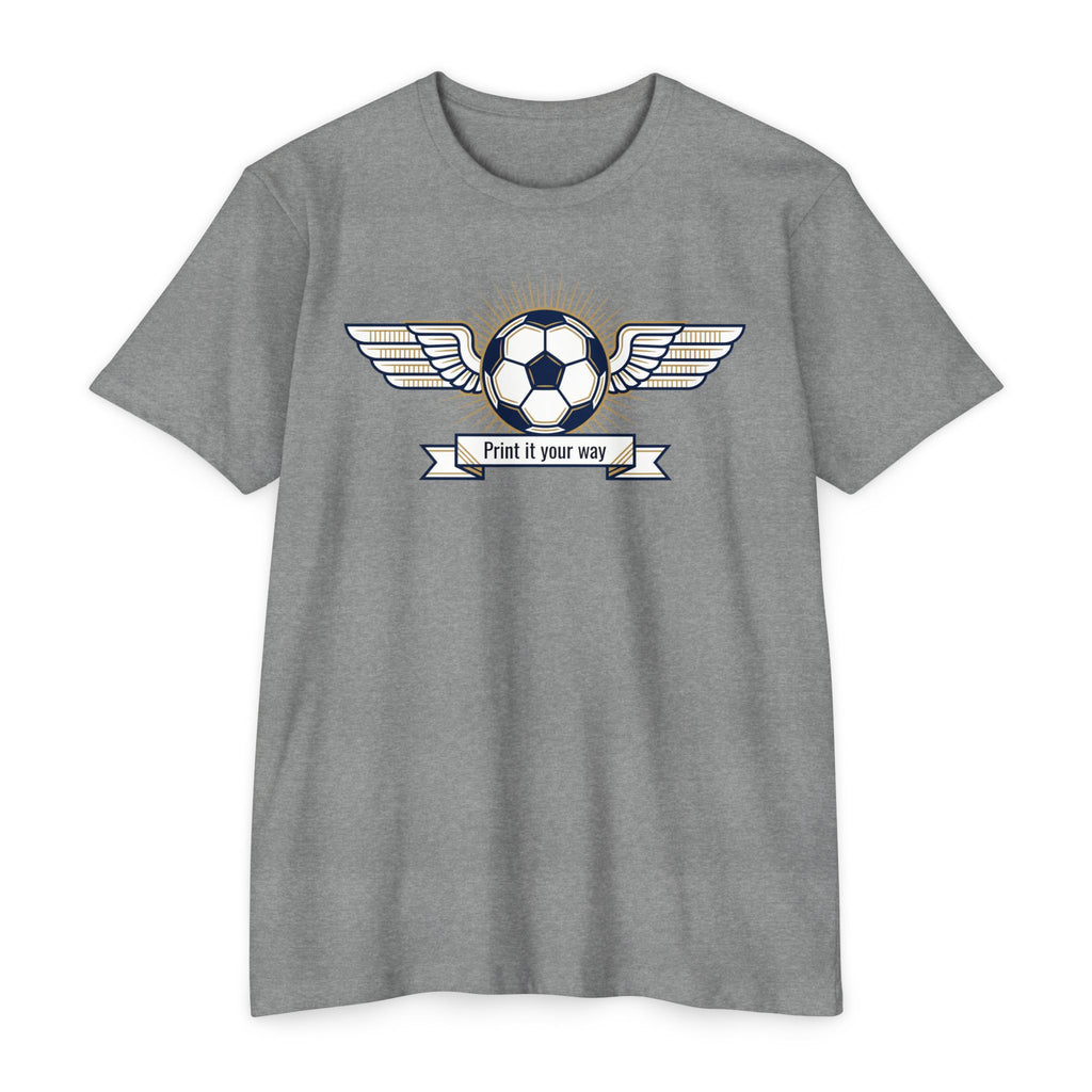 Heather gray soccer T-shirt with winged ball emblem and banner graphic