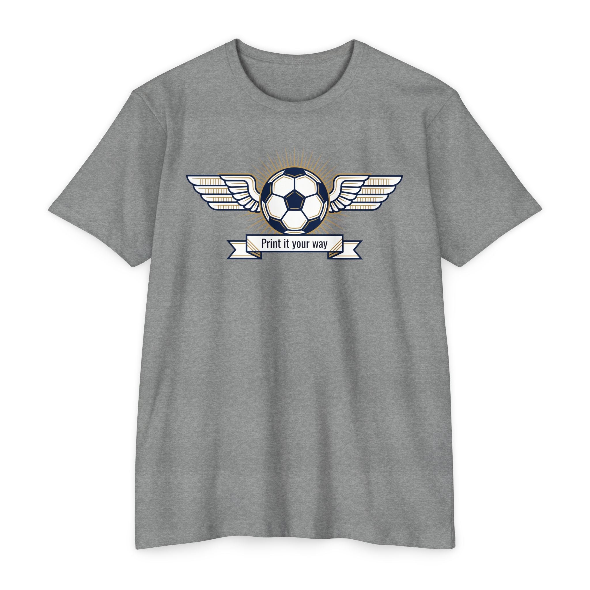 Heather gray soccer T-shirt with winged ball emblem and banner graphic