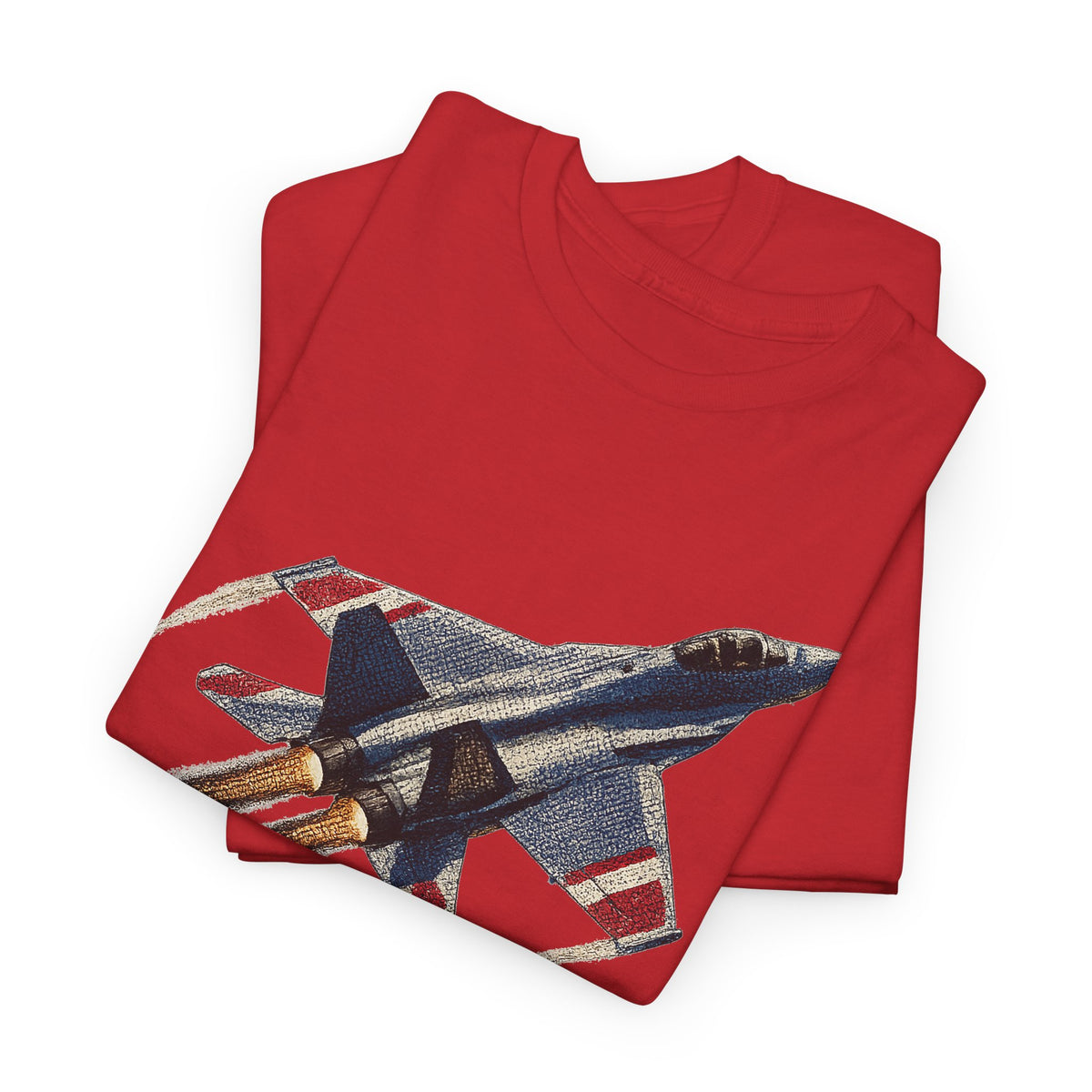Red crew-neck T-shirt with colorful fighter jet graphic on lower front