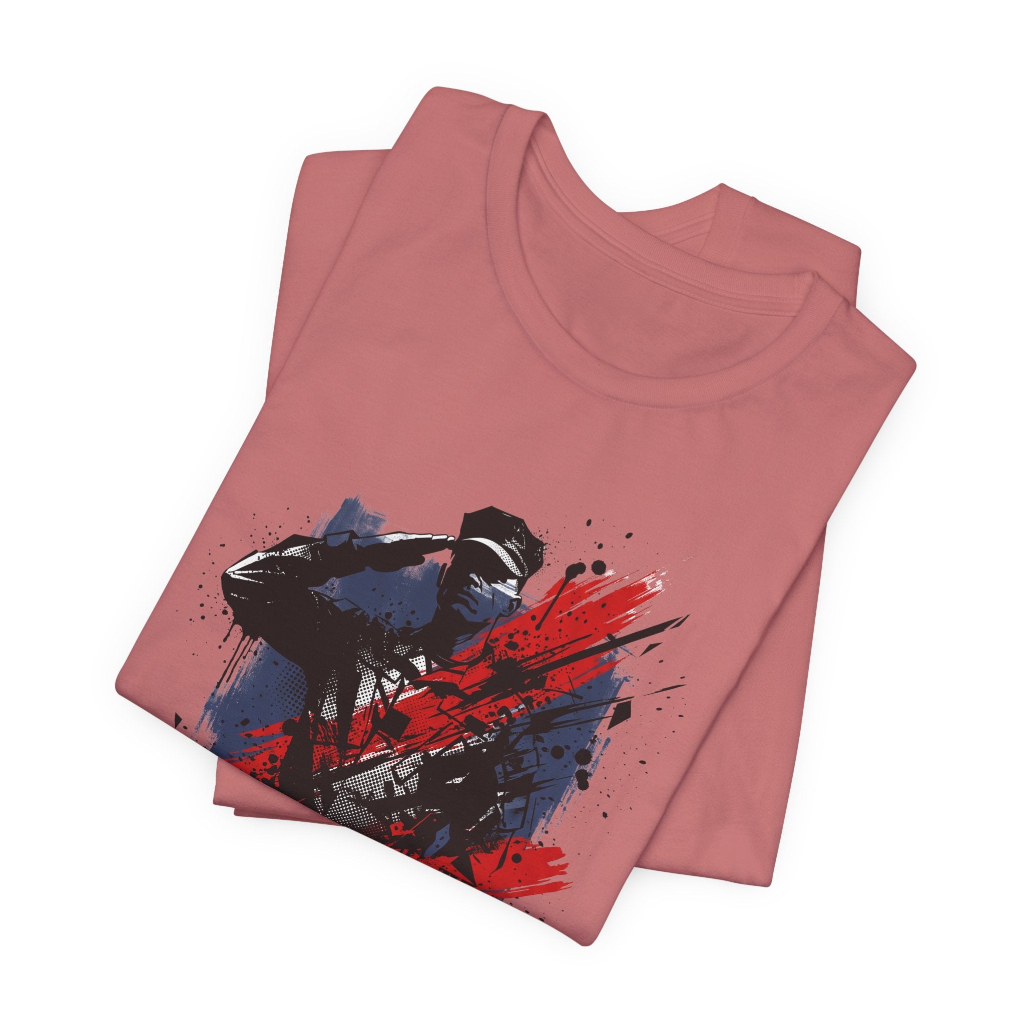 Rose pink T-shirt with front graphic of soldier silhouette in red and blue splatter