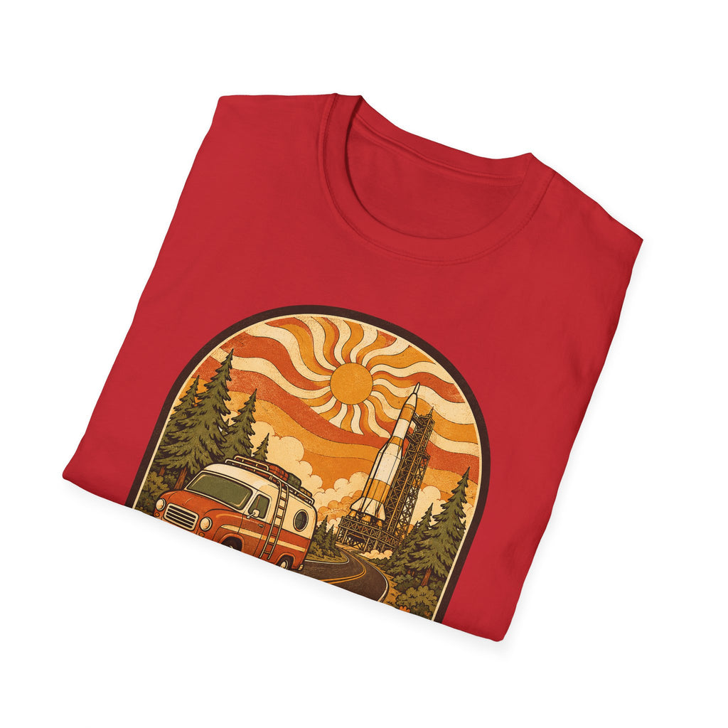Unisex graphic T-shirt, red with vintage camper and sunset rocket scene in circle
