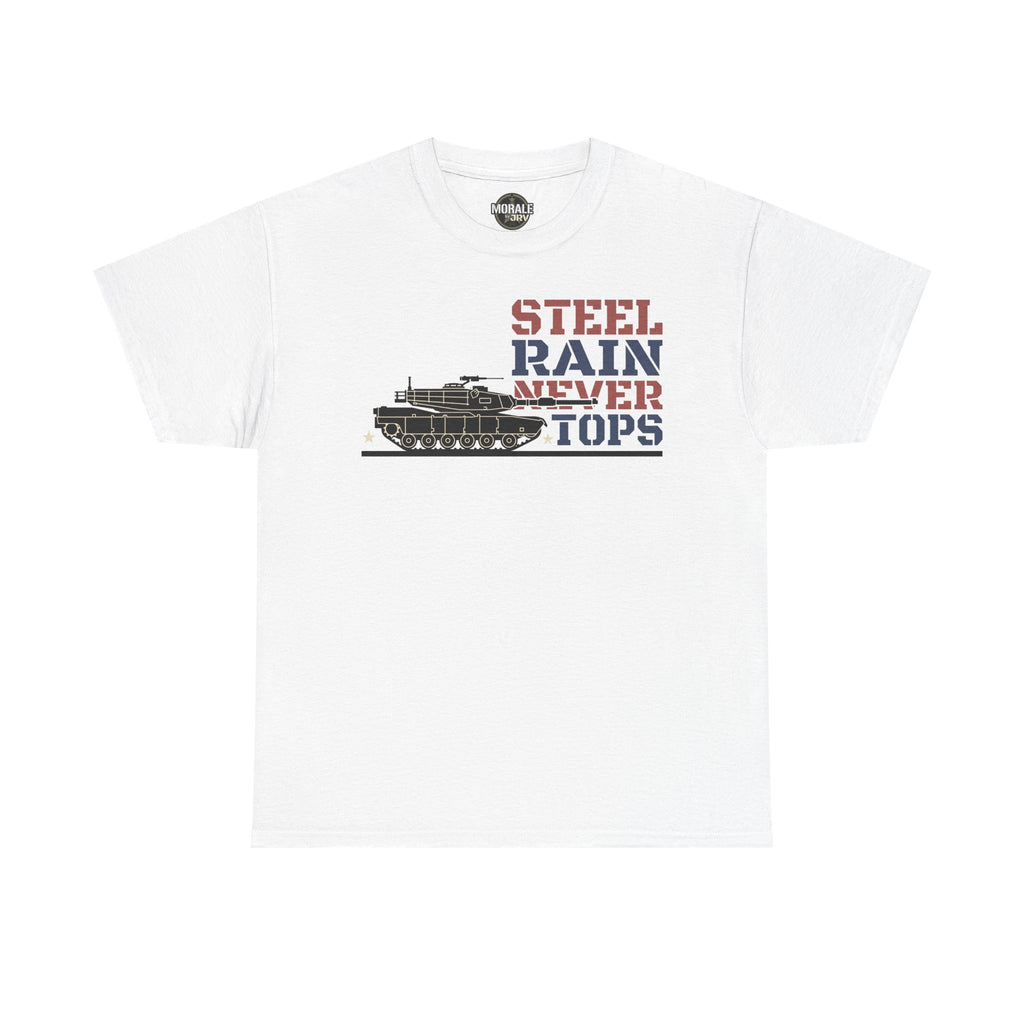 White crew-neck T-shirt with tank and “Steel Rain Never Tops” graphic on front