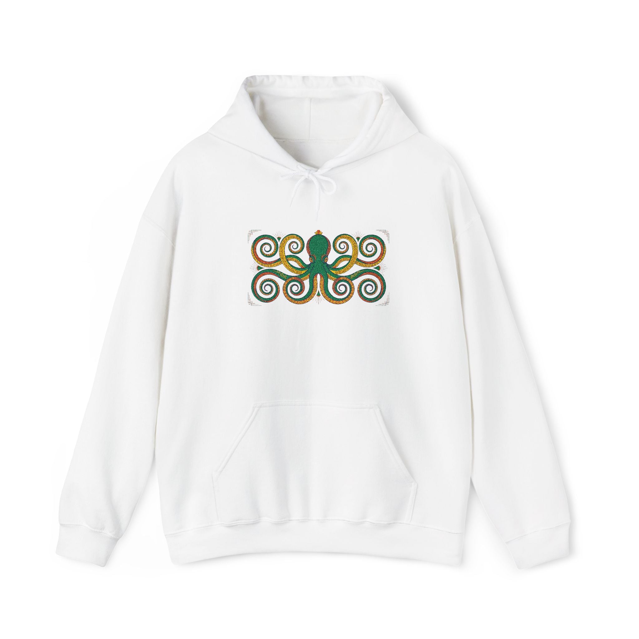 White pullover hoodie with hood, drawstrings, kangaroo pocket, octopus swirl graphic