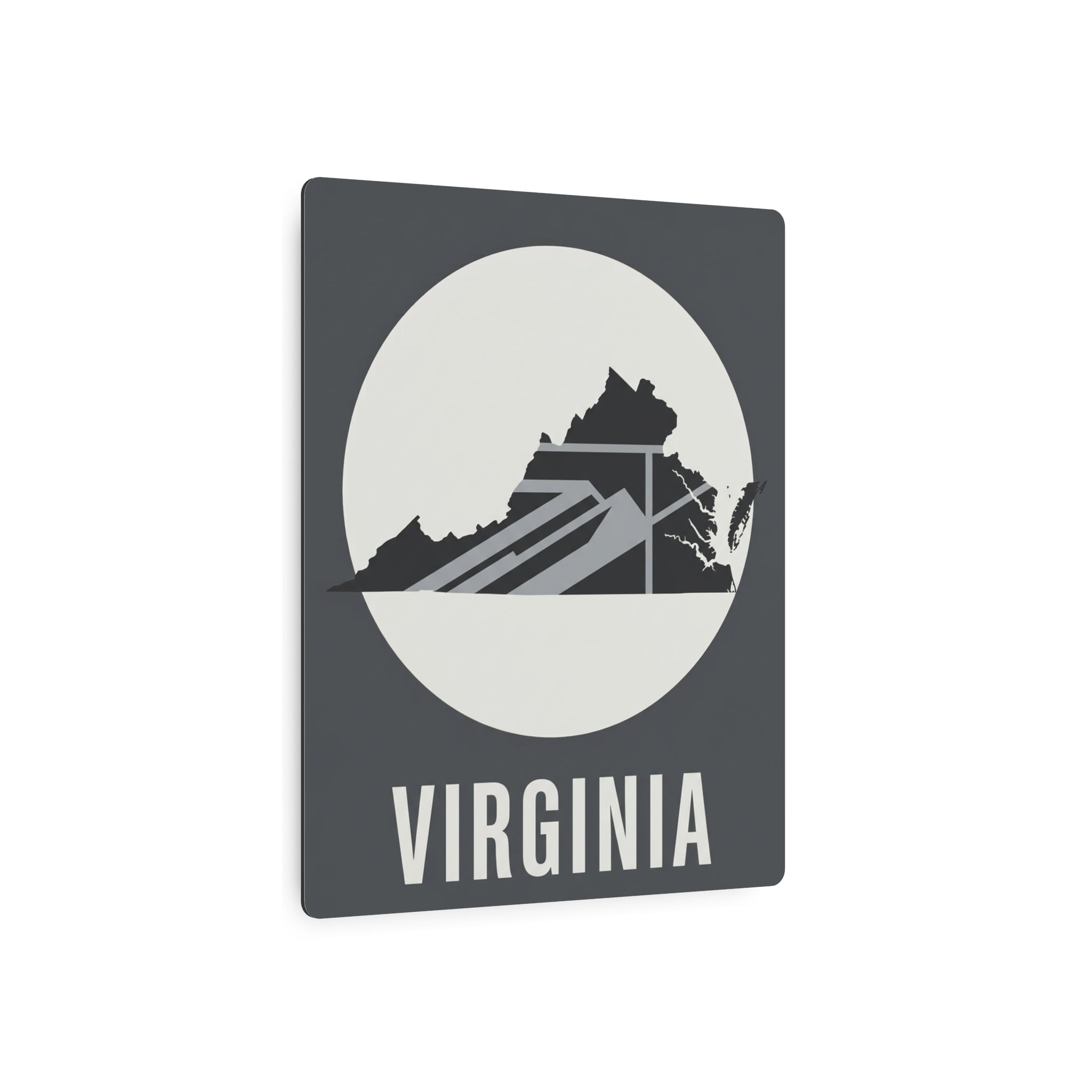 Virginia metal wall art with circular mountainscape silhouette and 'VIRGINIA' lettering on dark gray square